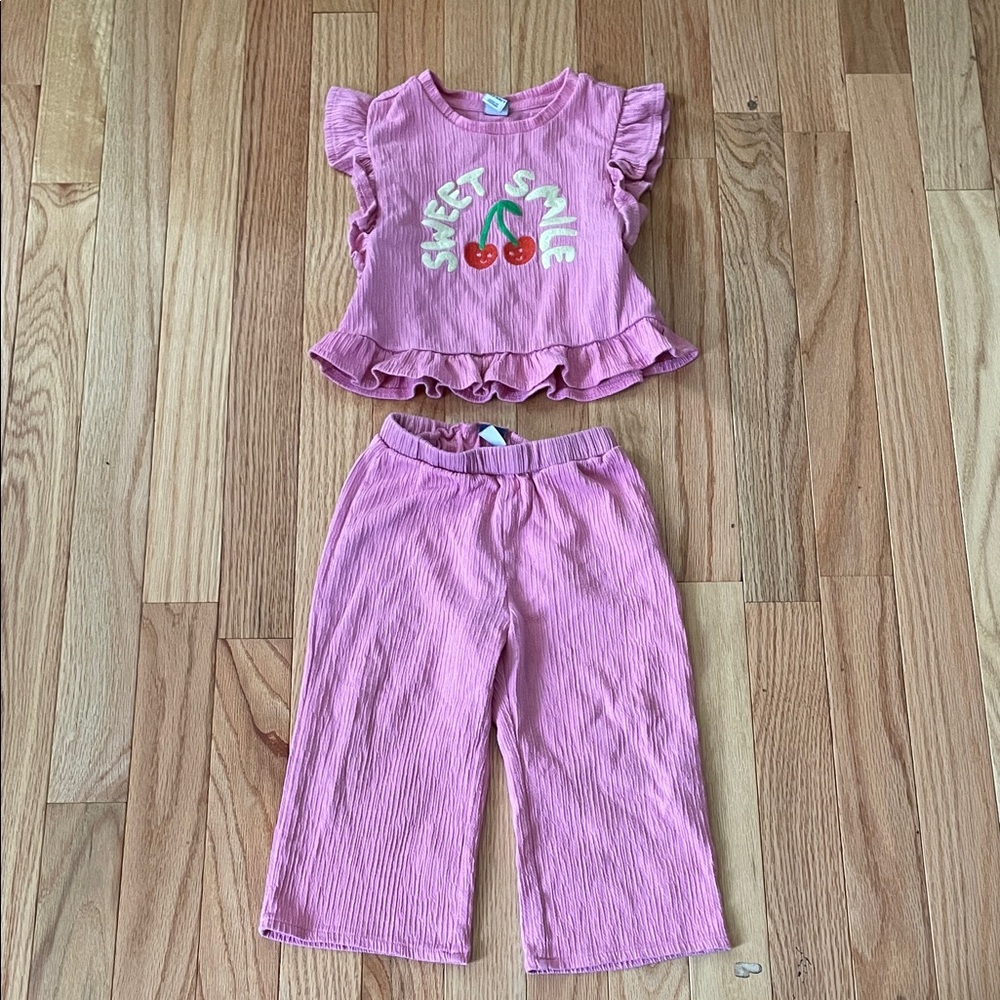 Old Navy 2 Piece Set Ruffle Top Wide Leg Pants Baby Girl 18-24M Pink Cherry